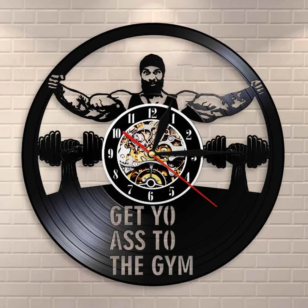 Get Yo Ass To The Gym Vintage Vinyl Record Wall Clock Workout Dumbbell Fitness Vintage Watch Morden Design Gifts