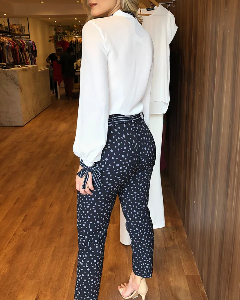 

Pants Set Casual Women Two Piece Set Outfits Office Workwear Print Tied Detail Top & Polka Dot Sleeve Style Clothing Length Age