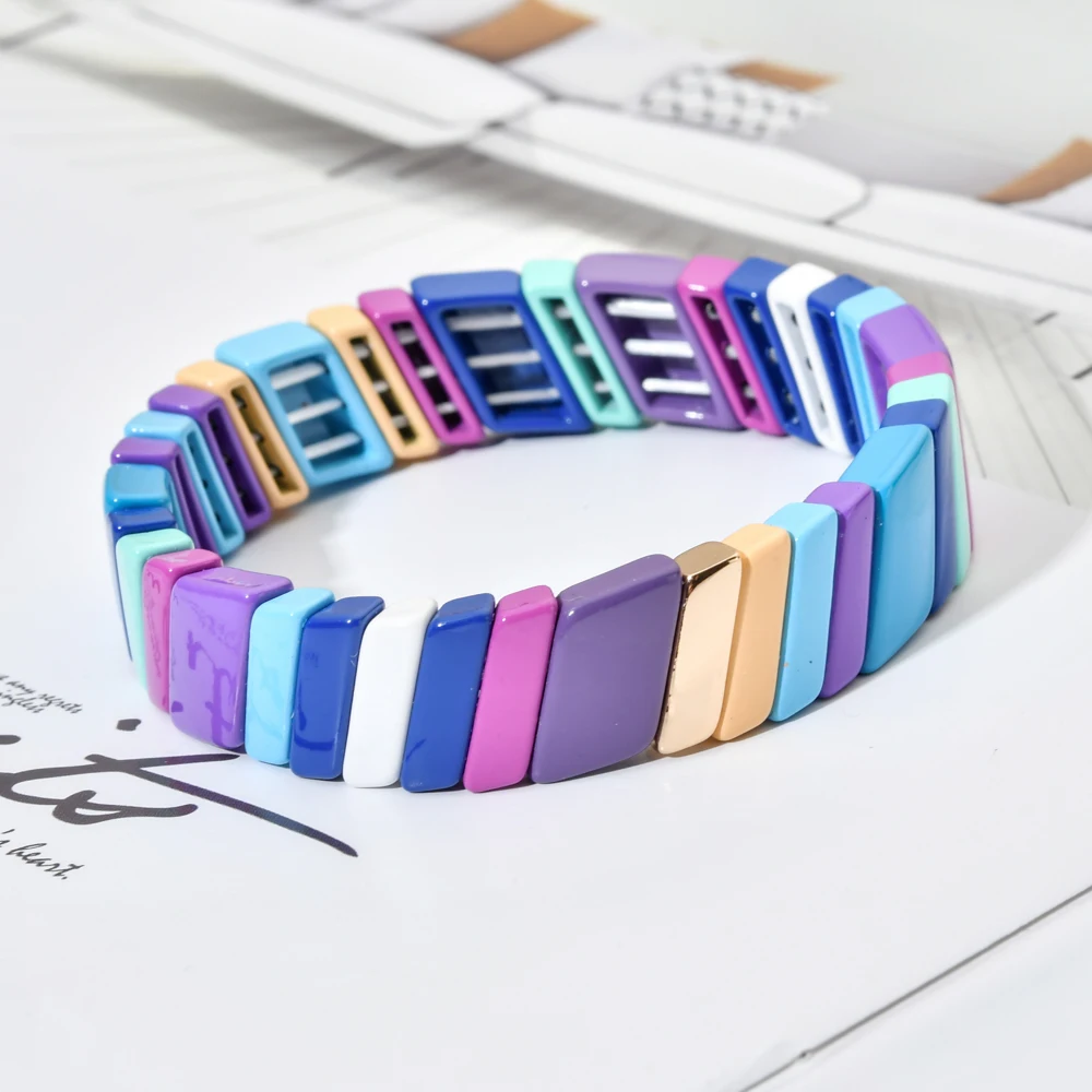 Новый милый цветной эмалированный Радужный Браслет с радужной плитой эластичный