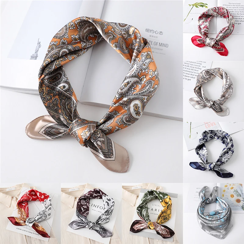 

Women Satin Imitation Silk Square Scarf 60x60cm Neck Hair Tie Band Warp Soft Neckerchief Hijab Headscarf Female Foulard Bandana