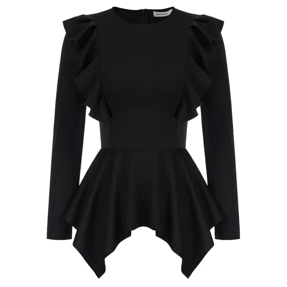 Женская блузка с баской однотонная плиссированная длинными рукавами круглым