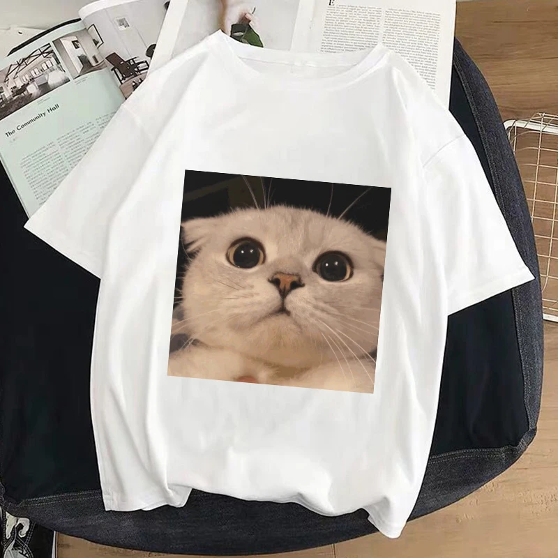 Футболка женская белая с принтом кошки Y2k |