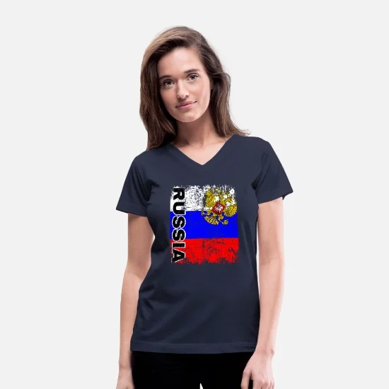 

Russia Flag Russian Roots Vintage Retro Look Women's V-Neck T Shirt Perfect Gift Idea for Birthday