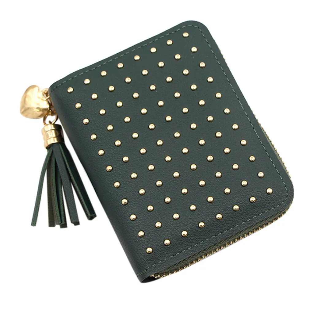 

Fashion Trend Card Holder Wallet Solid Color Short Tassel Rivet Dark Leather Credit ID Card Holder Purse cartera hombre