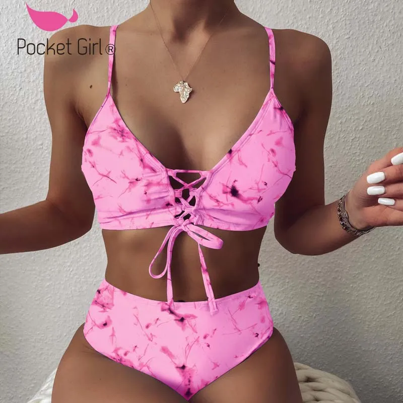

Pocket Girl Tankinis 2020 Mujer Maillot De Bain Femme Tankini Cross Striped Bandage Print Tankini Push Up High Waist Bikini