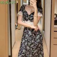 french retro midi skirt 2022 summer new style waist slimming lace floral dress womens fashion sexy bodycon dresses