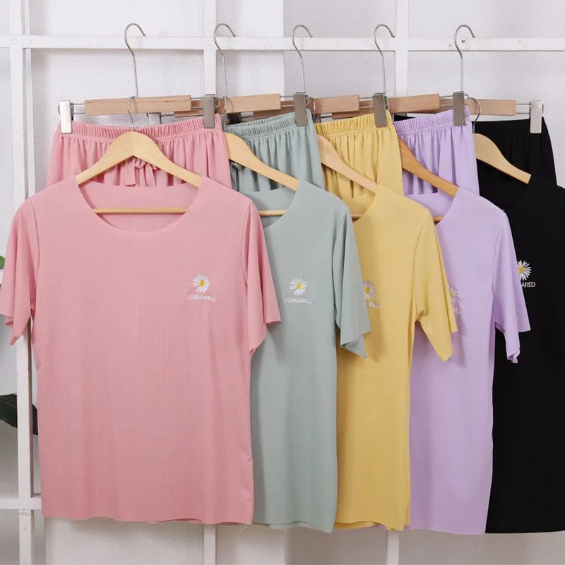 

ICCLEK Pajamas Women's Summer Suit Embroidered Ice Silk Short-Sleeved Shorts Loose And Casual Can Wear Thin Home Clothes
