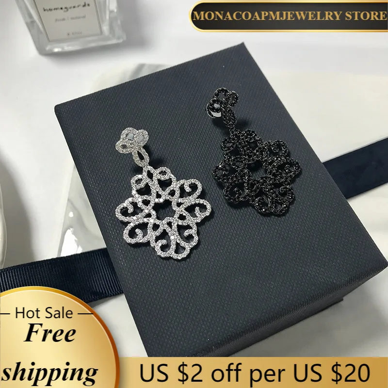 

925 Sterling Silver Ear Studs Petal Vine Flower Ear Pendants Pattern Lace Hollow Female Earrings All-match Trendy Monaco Jewelry