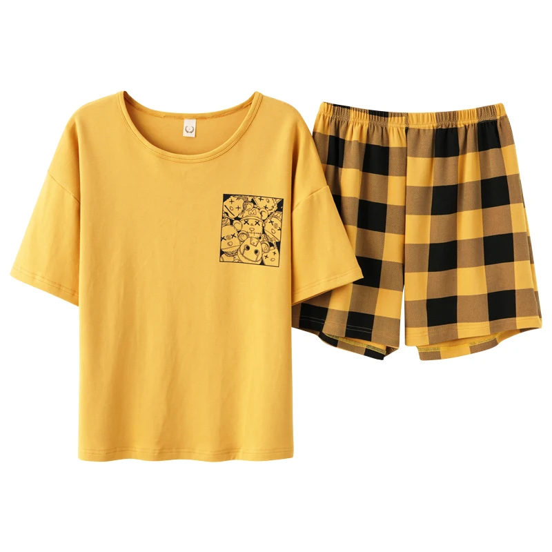 

Summer Women's Pajamas Set Round Neck Short Sleeve Pyjamas Cotton Sleepwear Suit Cute Cartoon Style Sleep Tops Shorts Home wear