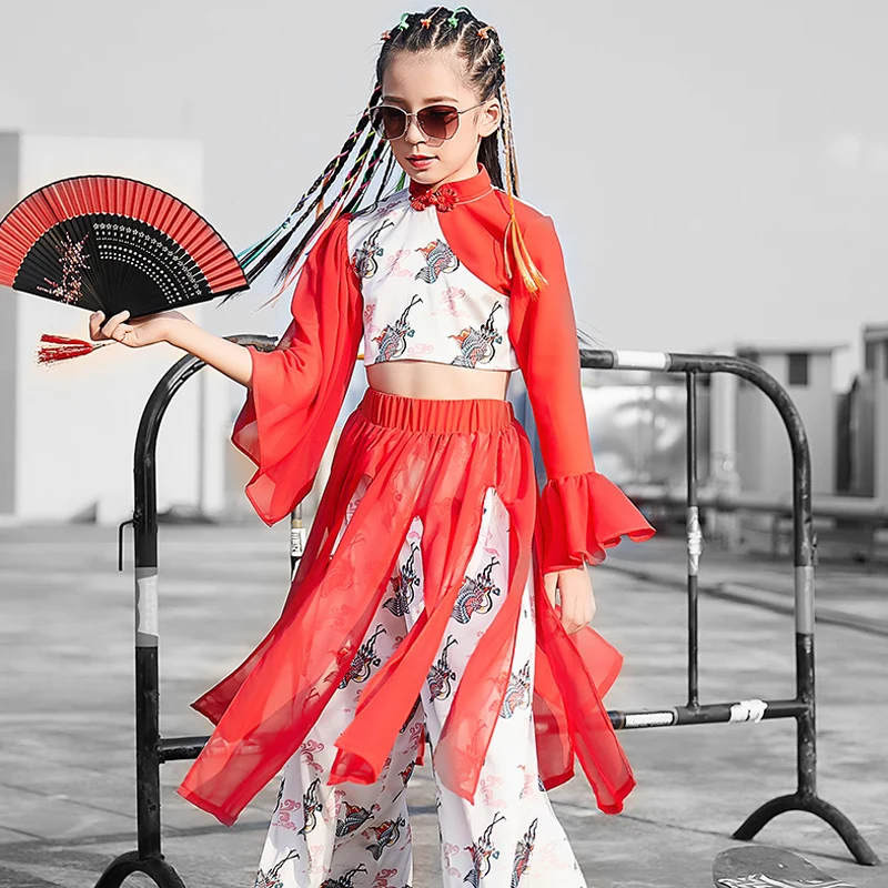 Танцевальные костюмы для девочек в китайском стиле джаз красные платья детский