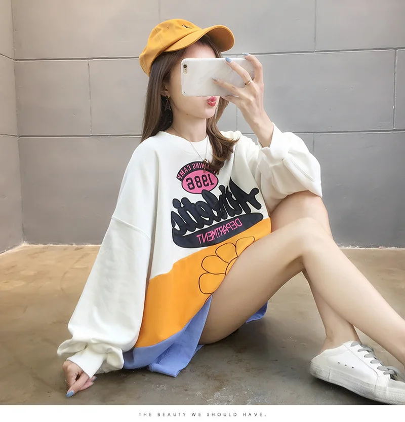 

Women Patchwork Sun Flower Printed Sweatshirts Letter Printing Hoody 2021 Spring Summer New Fashion Full Sleeve Pullovers Tops