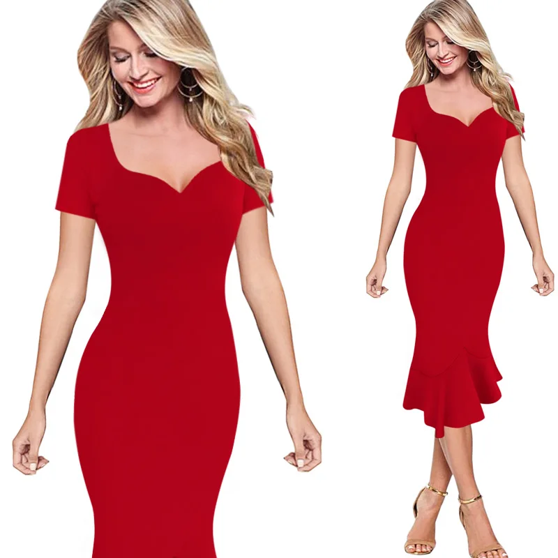 Red Short Sleeve 2 Vfemage женские элегантные Винтаж Леопардовый принт одноцветное кинозвезды Повседневное Коктейльные Вечерние облегающее Русалка миди длиной до середины голени, 1360 - Цвет: Red Short Sleeve 2
