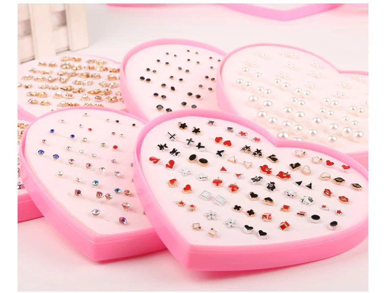 36Pairs/box Mix Cute Cartoon Hypoallergenic Plastic Love Flowers Stud Earrings Set For Women Girl Pearls Jewelry Gift |