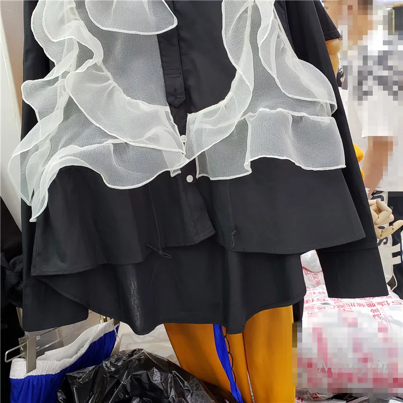 Harajuku Style noir chemise femmes nouveau décontracté couleur contrastée irrégulière maille ébouriffé revers hauts lâche Blusas Mujer 2021