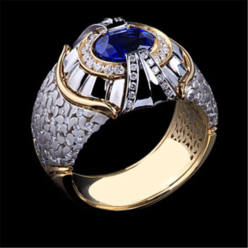 

Punk Male Blue Crystal Jewelry Gold Silver Color Wedding Rings For Men Hip Hop Oval Zircon Engagement Valentines Day Gifts