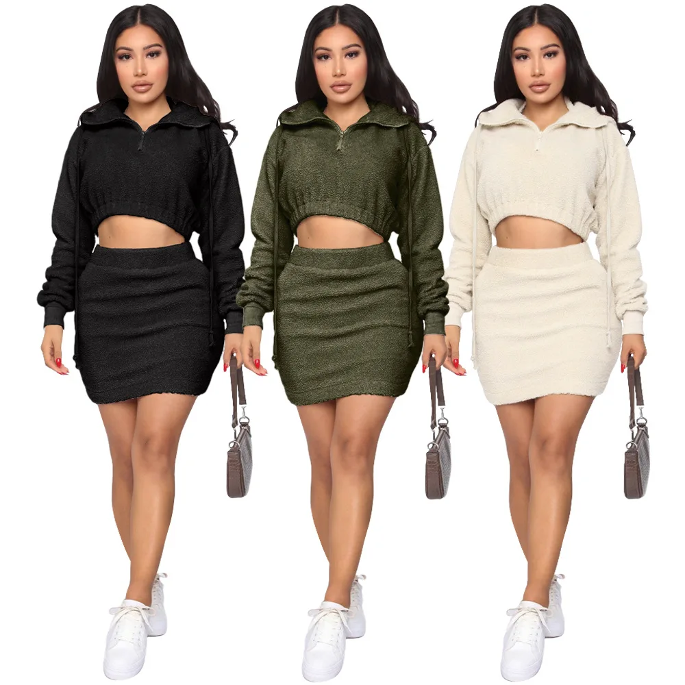 

Women Long Sleeve Two-piece Set Casual Zipper Pocket Warm Fleece Suits Pure Color Hoodie Short Sexy Skirt Suit Clothes