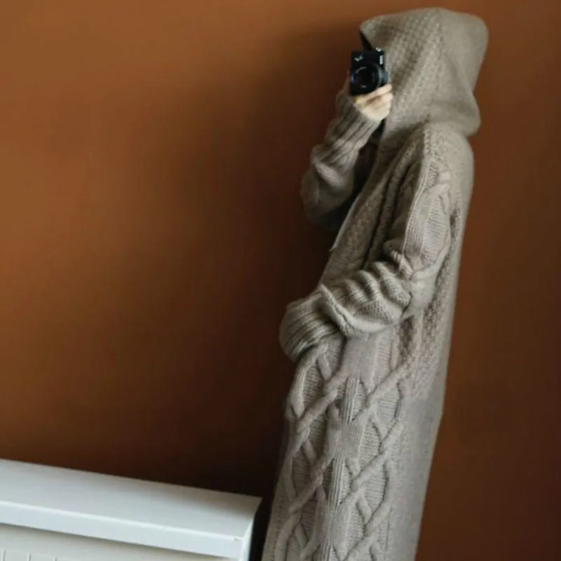 

New Style for Autumn and Winter Cashmere Women's Mid-Length Hooded Knitted Bottoming Cardigan Loose Padded Sweater Coat