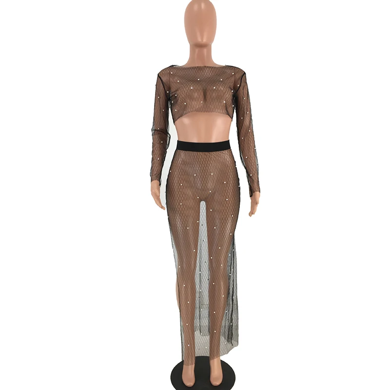 Сетчатый прозрачный топ из двух Женский комплект 2 шт. с блестящими стразами и