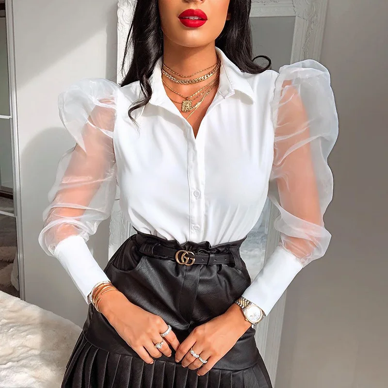 

Womens Fashion Blouse Mesh Sheer Puff Sleeve V Neck Button Elegant Blouses Tops Ladies Shirts Blusas Black White