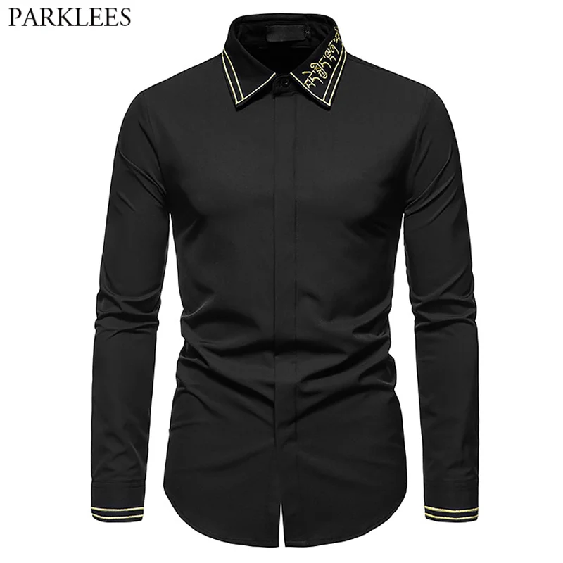 

Black Tuxedo Mens Dress Shirts Gold Embroidery Hidden Button Fashion Shirt Men Long Sleeve Wedding Groom Party Chemise Homme 2XL