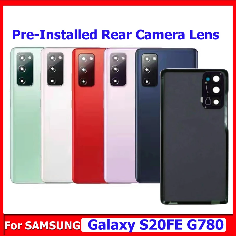 Запасные части для корпуса задней крышки с рамкой объектива камеры для Galaxy S20 FE S20fe G780, стеклянная задняя крышка аккумулятора, предварительно установленная лента