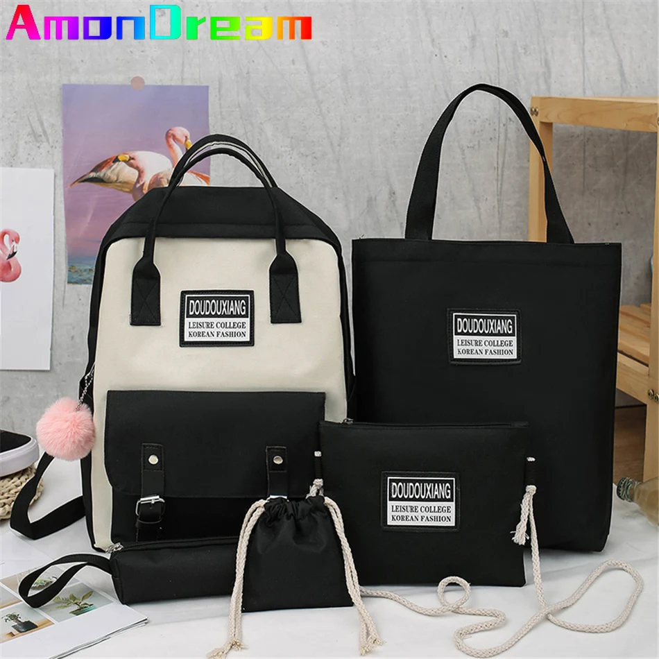 

5 Pcs Sets Canvas School Bags for Teenage Girls Women New Trend Female Backpack 2021 Women Back Pack Child Student Shoulder Bag