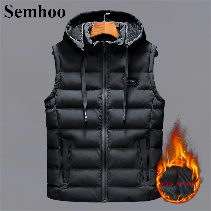 

Mens Sleeveless Vest Winter Plus Velvet Casual Hooded Men Warm Thicken Vest Down Cotton Loose Plus Size Waistcoat Male Clothing