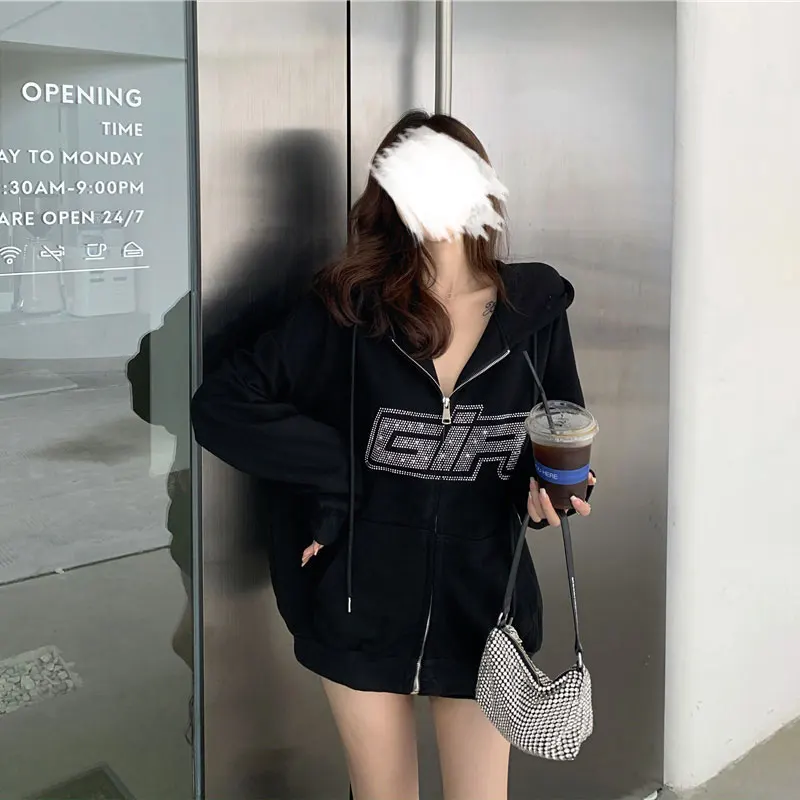 

2021 Zipper Autumn And Winter Rhinestone Letter Printing White Women's Long-Sleeved Sweater Hoodie Loose Oversized Street Wear
