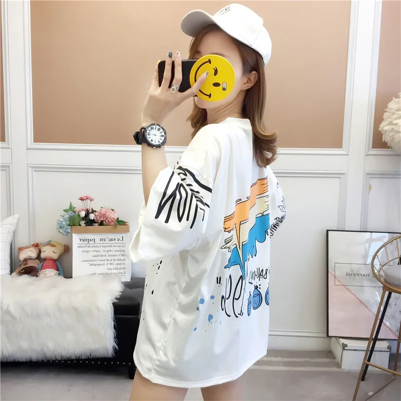 

Houthion Cotton Loose Plus Size Women's T-shirt Summer Fashion Casual New Korean O-Neck Short Sleeve Top Retro Loose Tops