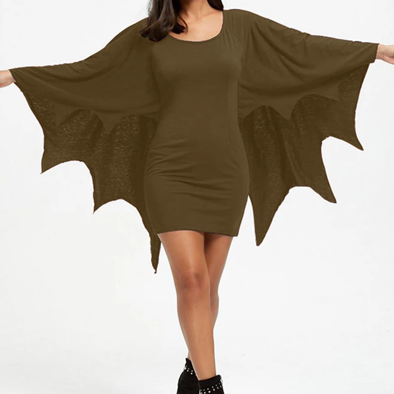 

New 2021 Halloween Dress Womens Plus Size Solid Round Neck Bat Long Sleeve Gothic Mini Dresses Fashion Ladies Vestido De Mujer