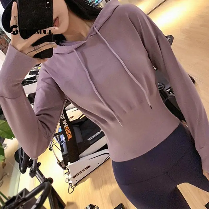 CHRLEISURE Фитнес Спорт Йога Топы Талия Формирование с капюшоном длинным рукавом