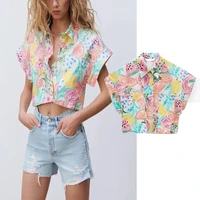 summer fruit printed cropped shirt women 2021 za vintage short sleeve streetwear tops button up front patch pocket woman shirts