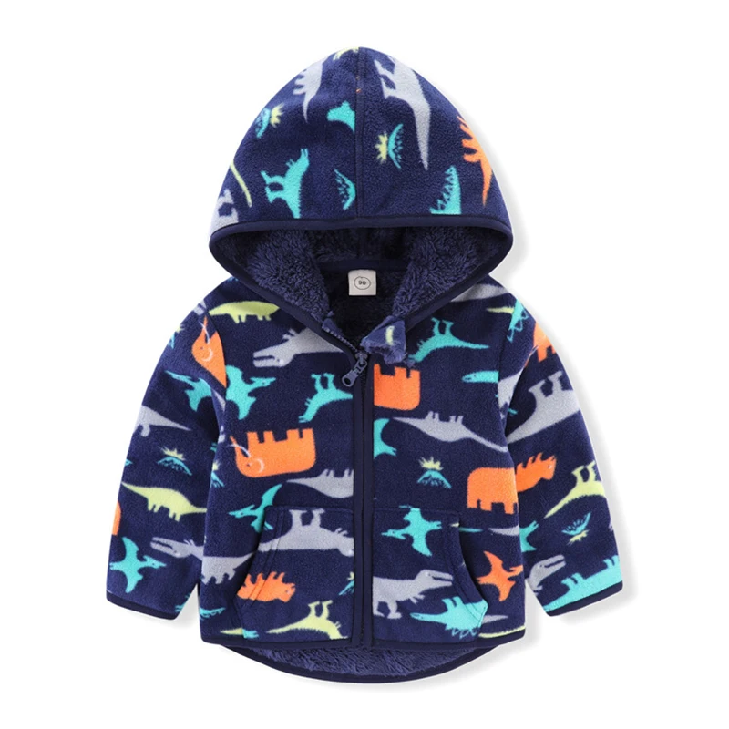 

Children Velvet Coat Autumn Winter Plush Jacket For BoysHooded Warm Dinosaur Print Fleece Coat For Kids Jackets for boys