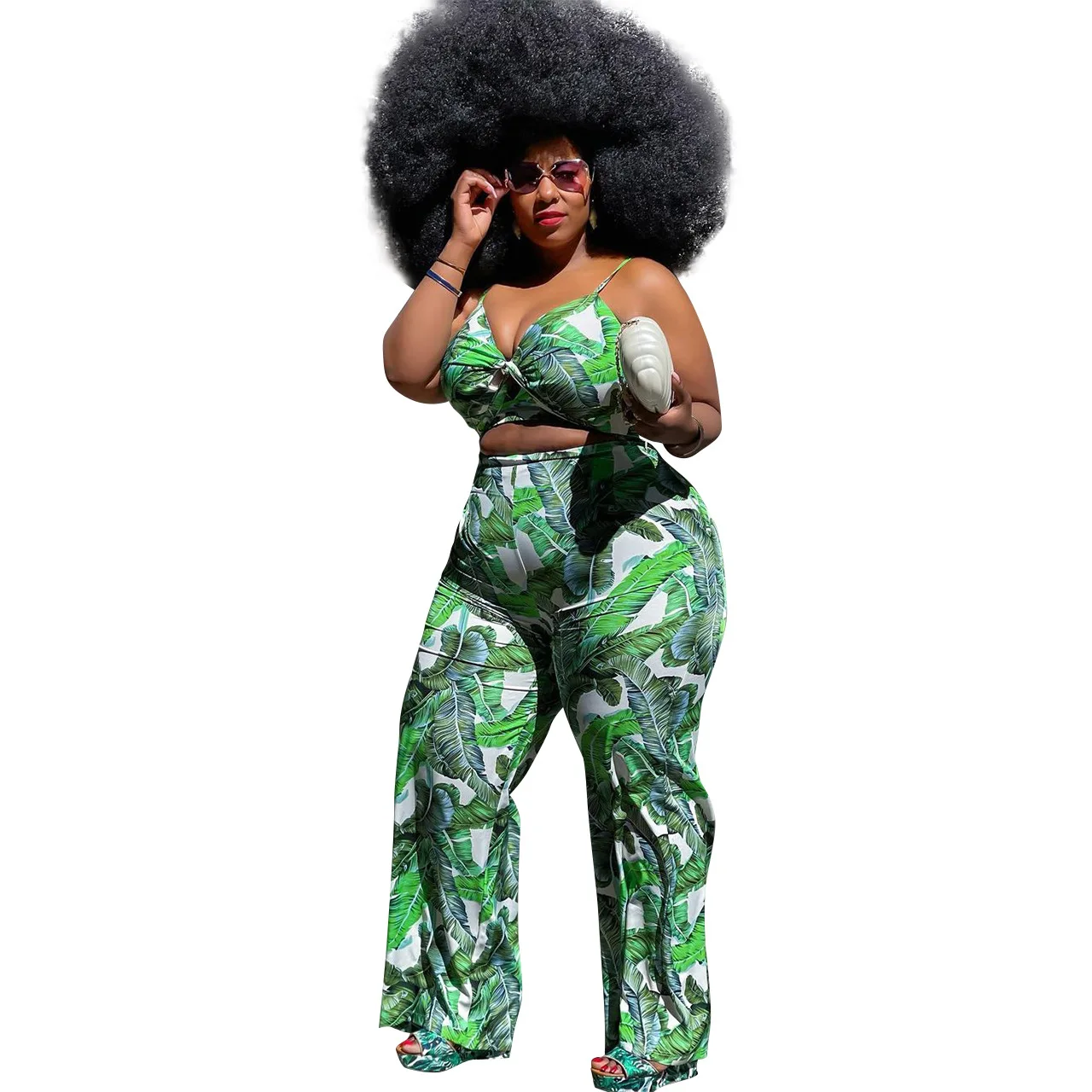 

Cutubly Lace Up V-Neck Pant Set Plus Size XL-4XL Print Two Piece Set For Women Spaghetti Strap Spring Summer New Style Women Set