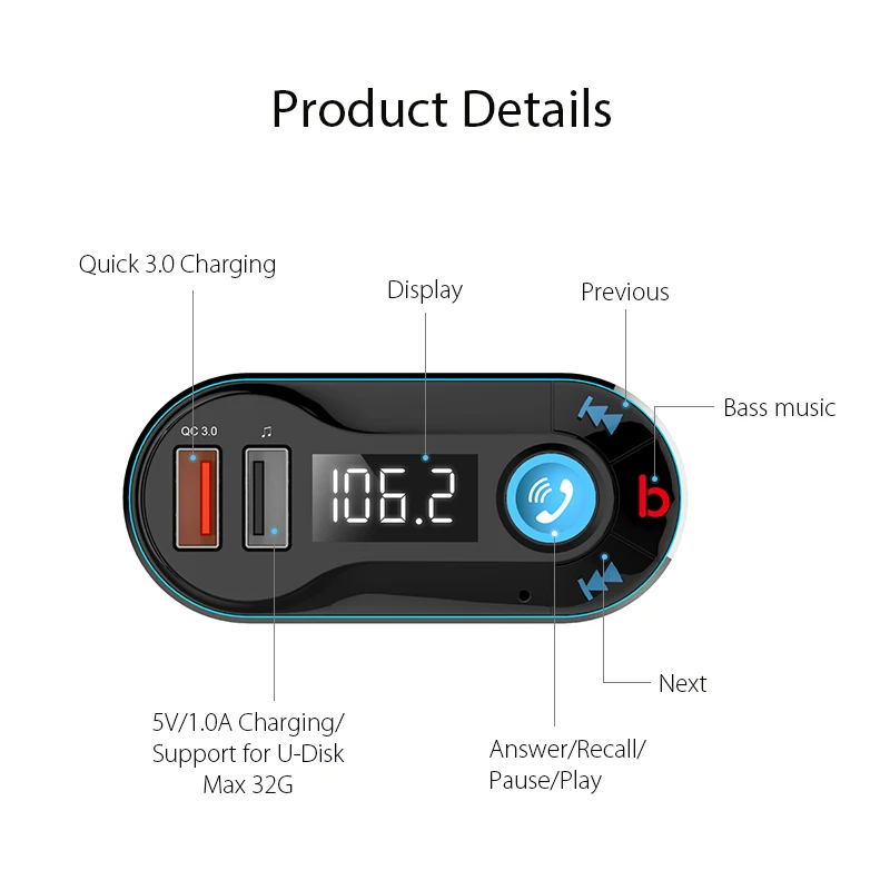 Vanjew BT66 обновленный fm передатчик Quick3.0 модулятор Bluetooth свободные руки звонки