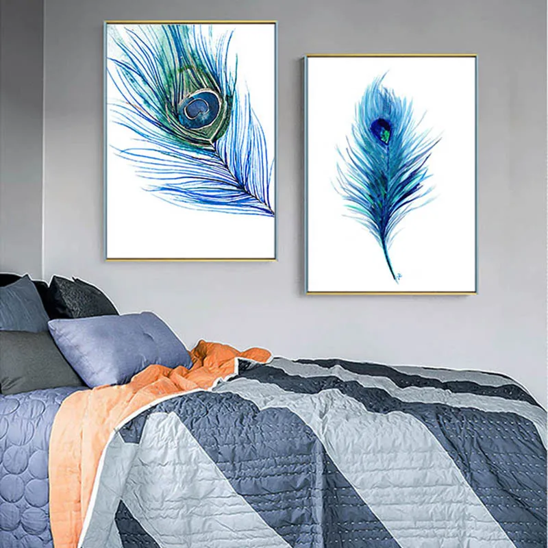 Абстрактный постер с акварельными павлиньими перьями минималистичный настенный