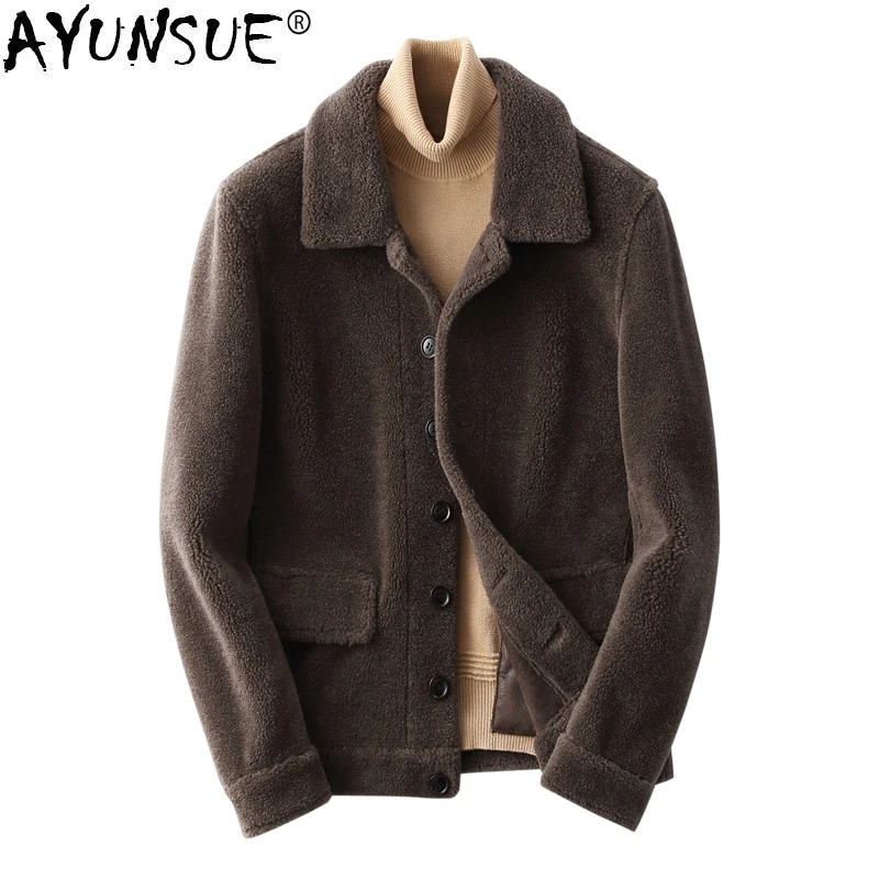 

AYUNSUE 2020 Men's Real Fur Coat Autumn Winter Jacket Men Short Sheep Shearing Wool Fur Coats Overcoat KFS19M219-J KJ3799