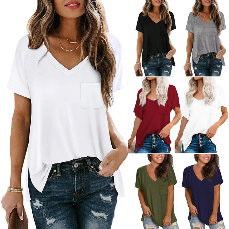 

Summer Women V-Neck T-Shirt Short Sleeve Tshirts Casual Loose Pocket Decoration Solid Tees Tops