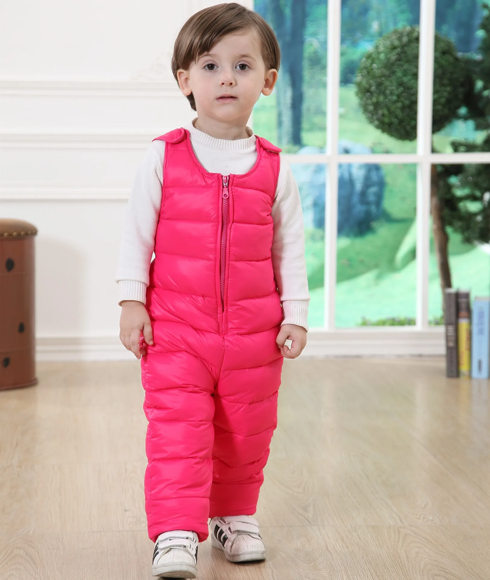 Rose Red Plus Velvet Warm Children's Down Pants Boys Girls Baby Winter Outdoor Sport Thermal Padded Trousers Can Be Open Crotch Jumpsuit - Цвет: Rose Red