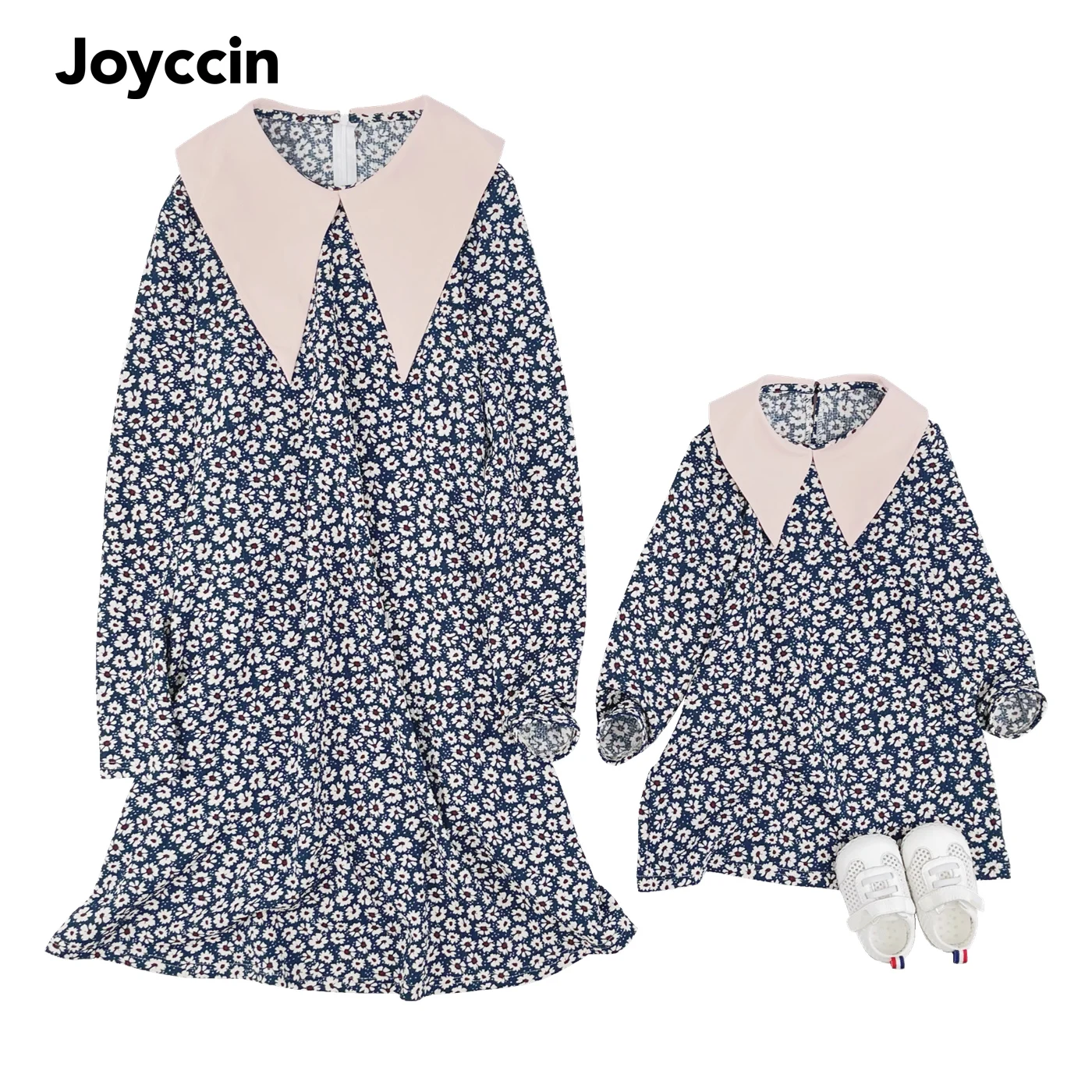 

Joyccin Mother Kids Pink Lapel A-Line Dress New Arrival Family Matching Outfits Daisy Print Long Sleeve Loose Dresses