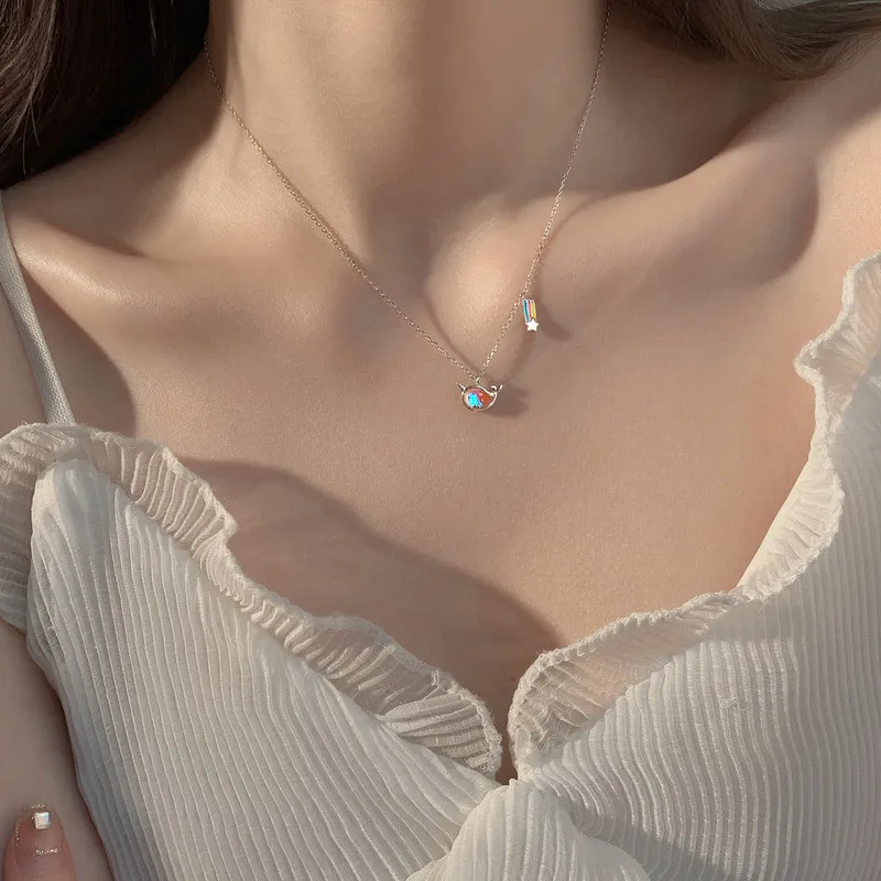 

VENTFILLE 925 Sterling Silver Aurora Unicorn Rainbow Necklace Female Simple Personality Student Clavicle Chain Korean Fresh