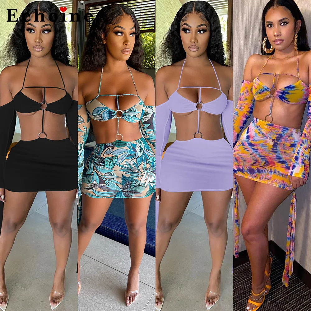 

Summer Tie Dye Print Cut Out Beach Dress Sexy Halter Long Sleeve Cut Out Bodycon Club Party Dresses Sundress 2021 Clothing