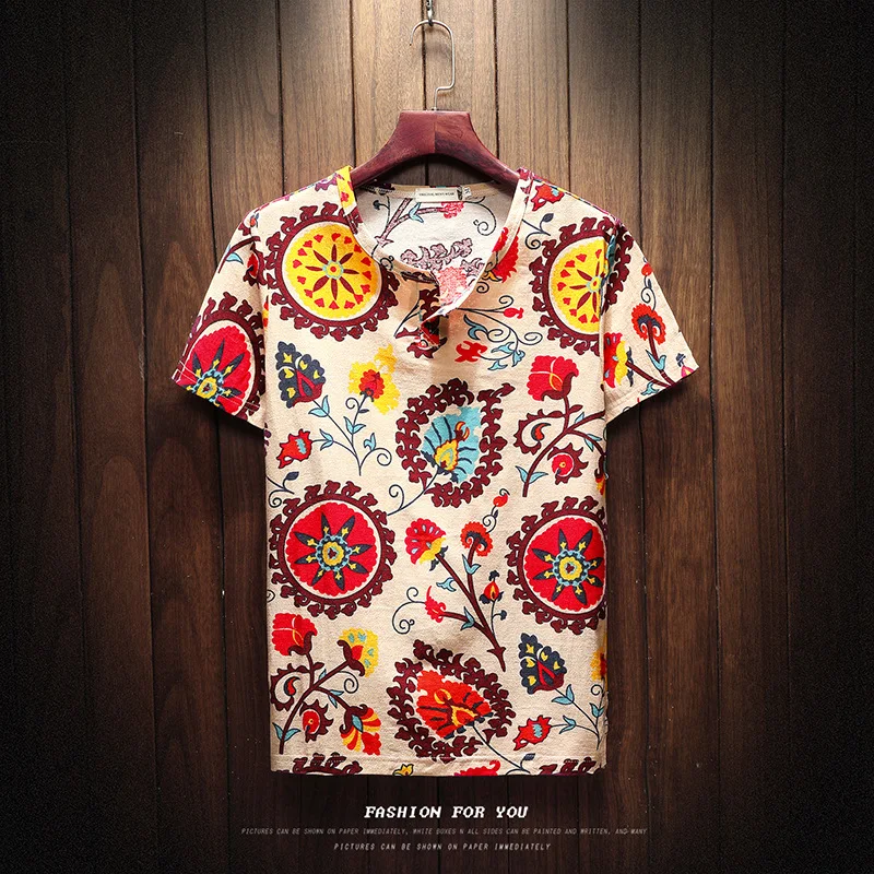 Summer Men Cotton Linen Short Sleeve T-shirt Chinese Traditional Clothing Ethnic 3D Print Oriental Totem Tees Male Hip Hop Tops - Цвет: Color1