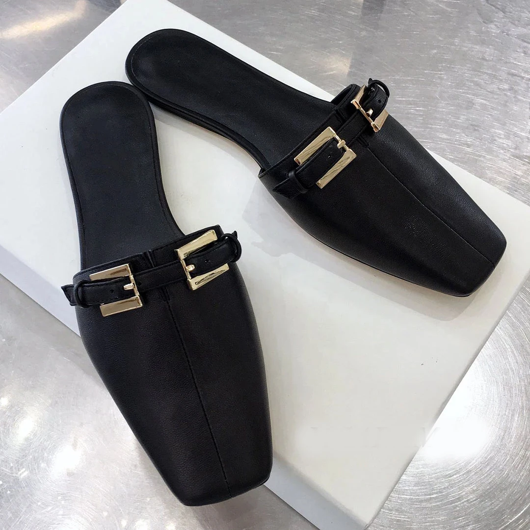 

Sheepskin metal square buckle flat bottom Muller shoes summer square head leather casual fashion half slippers women