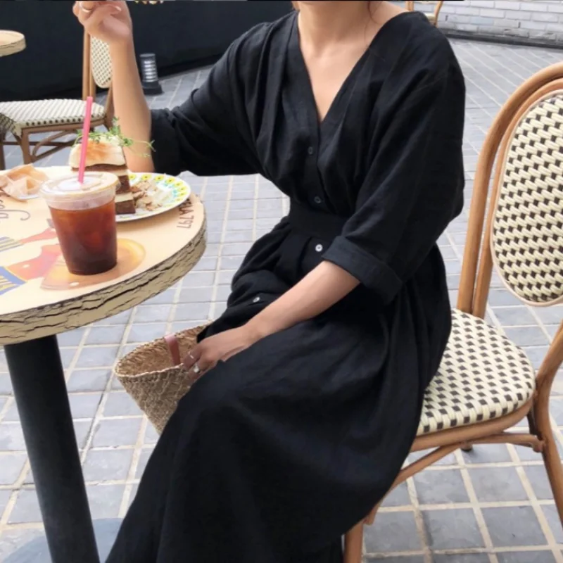 

Summer Dress Vintage Solid Color Women V-Neck A-Line Fold Pleated Big Hem Bottoms Lace Up Wrist Sleeve Maxi Dresses Korean Ins