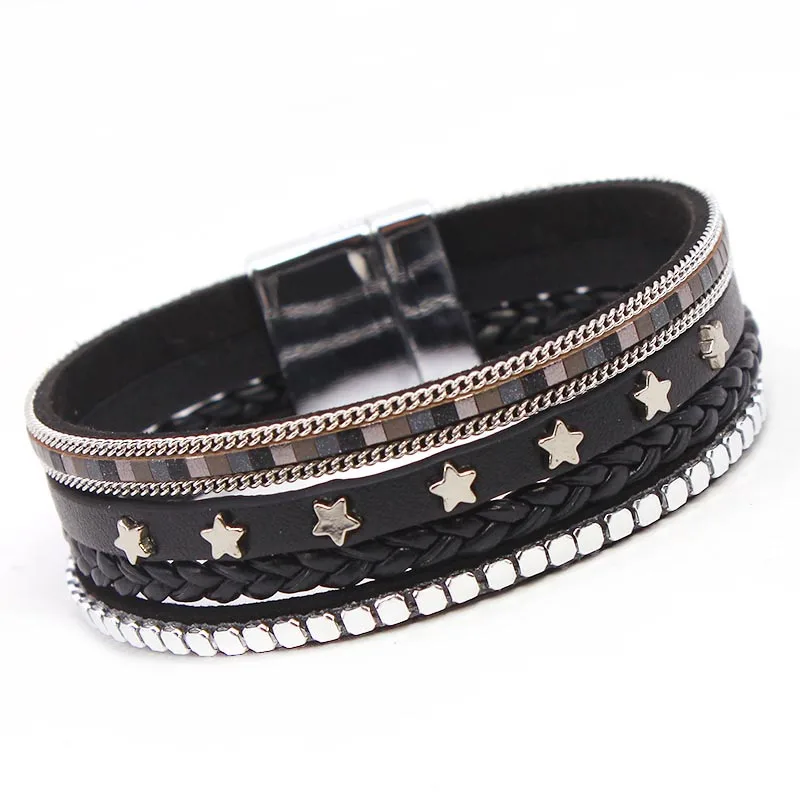 D & широкий Многослойный кожаный браслет со звездами для женщин браслеты и