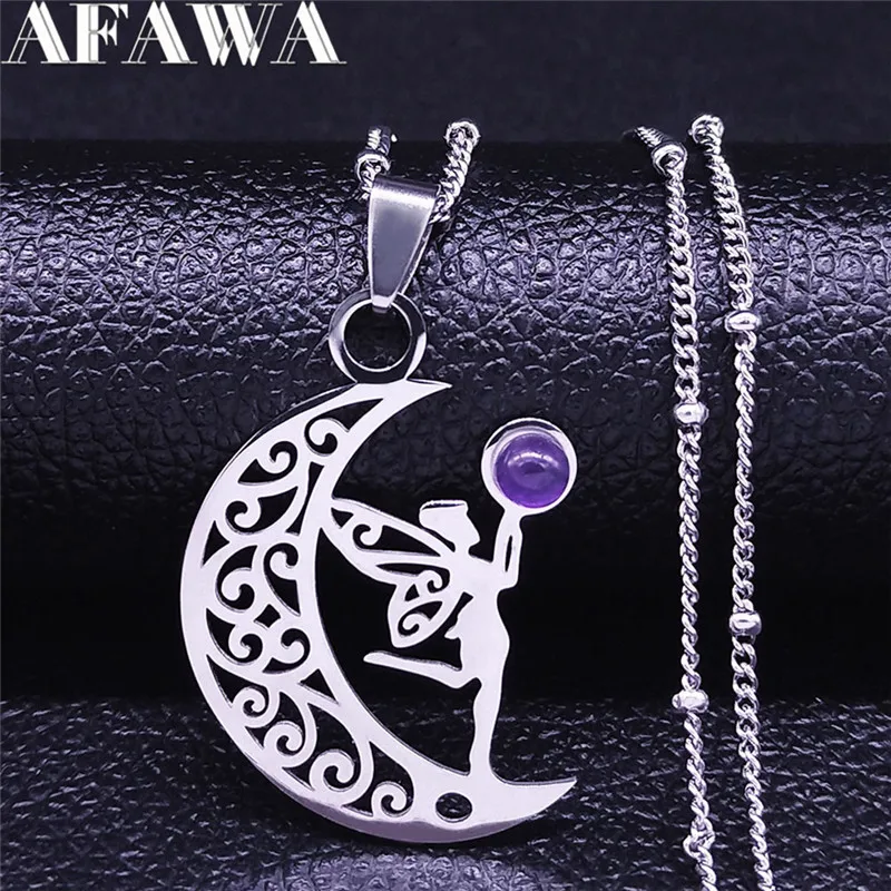 

Witchcraft Moon Elves Angel Fairy Wings Necklace Purple Crystal Stainless Steel Tree of Life Necklaces Elf Jewelry bijoux femme