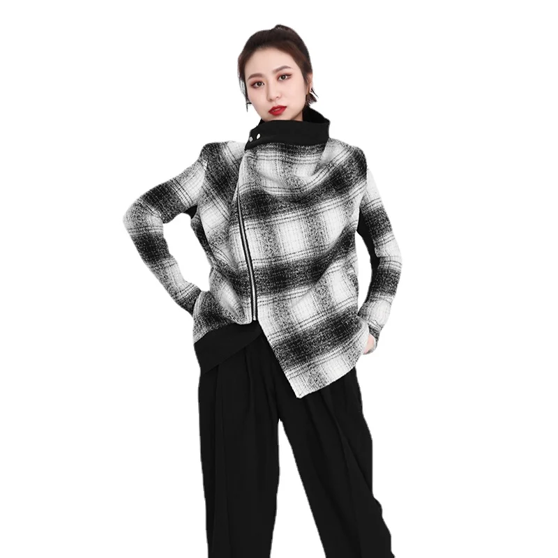 

Loose Fit Black Plaid Casual Big Size Woolen Wool Blends Women's Coat Parkas New Long Sleeve Fashion Tide Autumn Winter 2021