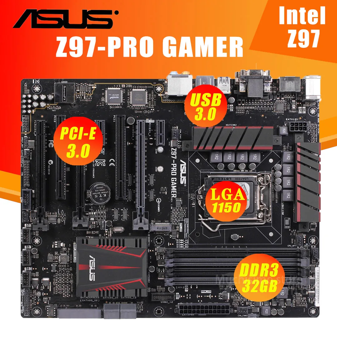 Online Asus Z97-PRO GAMER Motherbaord I7 I5 I3 PCI-E 3,0 M.2 SATA USB 3,0 DDR3 Desktop Z97 Placa-mãe 1150 USB 3,0 Intel Z97 ATX Verwendet