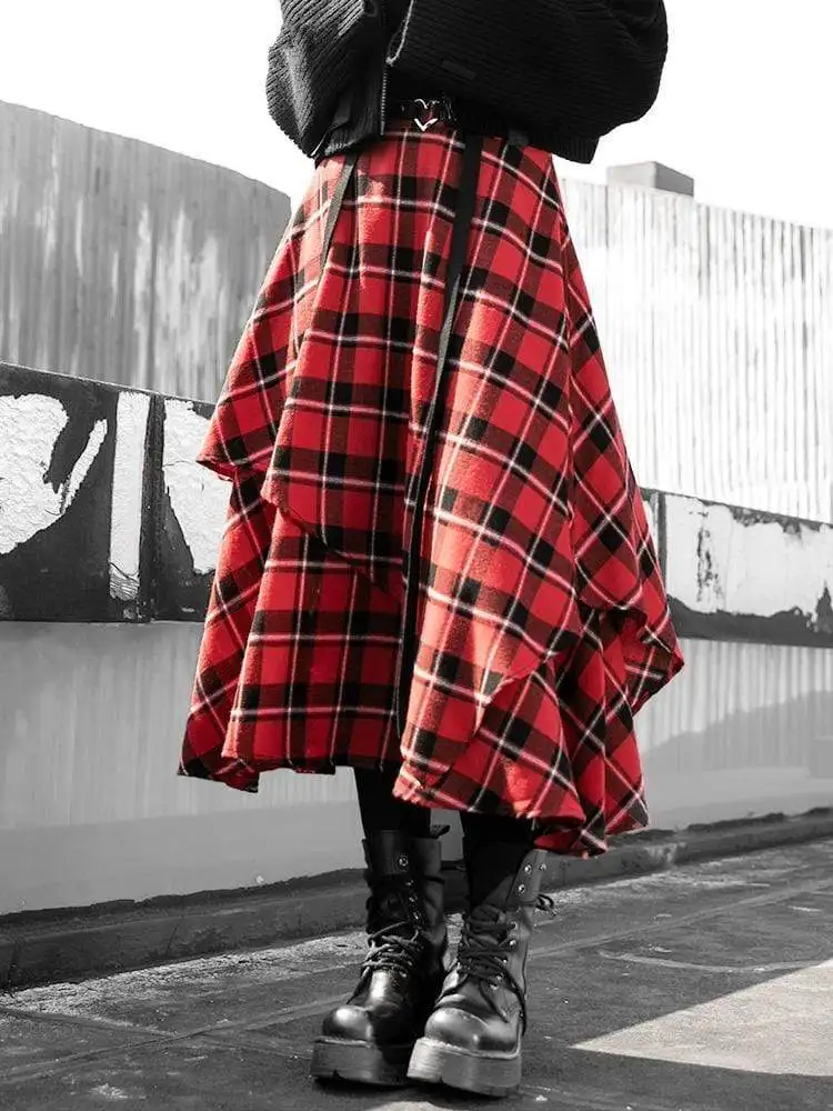 Панк Rave Женские многослойные клетчатые длинные юбки с ремнем PQ 701BQ Азиатский